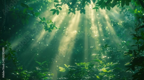 Beautiful rays of sunlight in a green forest 