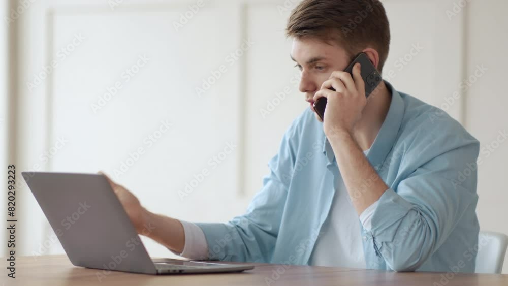 Dissatisfied client explaining computer problem to customer support by phone, complaining about bad service Dissatisfied client explaining computer problem to customer support by phone, complaining about bad service