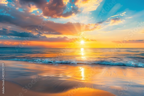 Golden Beach Sunset with Calm Sea and Vibrant Sky