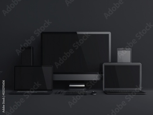 Device screen mockup. Smartphone, tablet, laptop and monoblock monitor