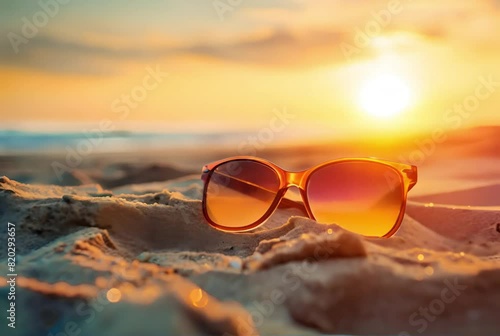 Wallpaper Mural Sunglasses rest on the sand capturing the essence of summer with a serene sunset backdrop, offering a view to a perfect end of a day at the beach Torontodigital.ca