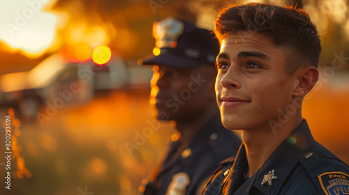 police mentorship, a hispanic police cadet being mentored by an african american sergeant during a training session, with police vehicles in the backdrop under early morning light