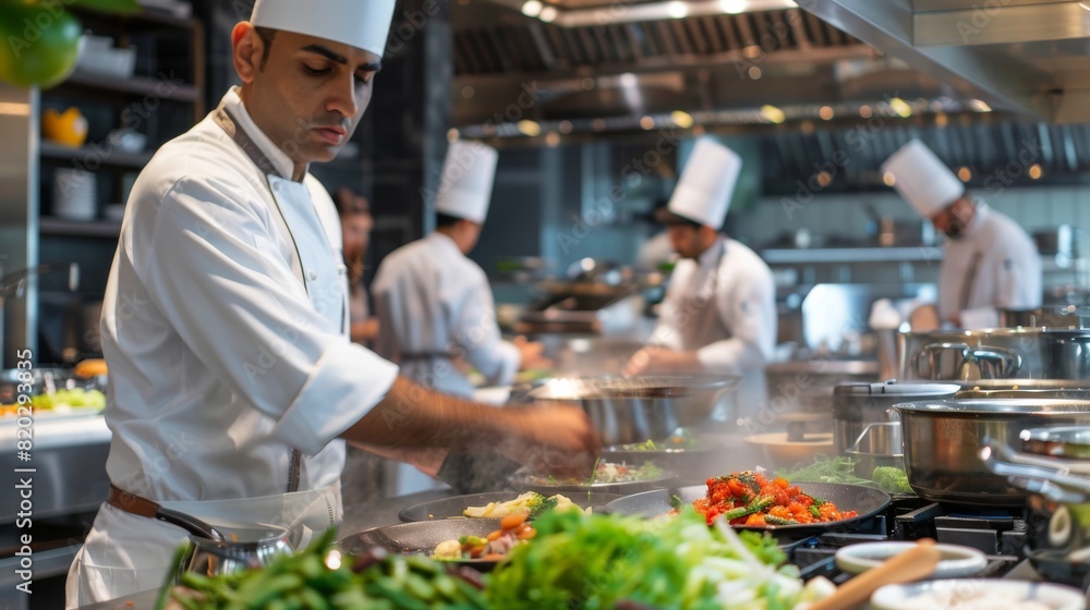 Professional chef cooking vegetables in a bustling commercial kitchen Professional chef cooking vegetables in a bustling commercial kitchen
