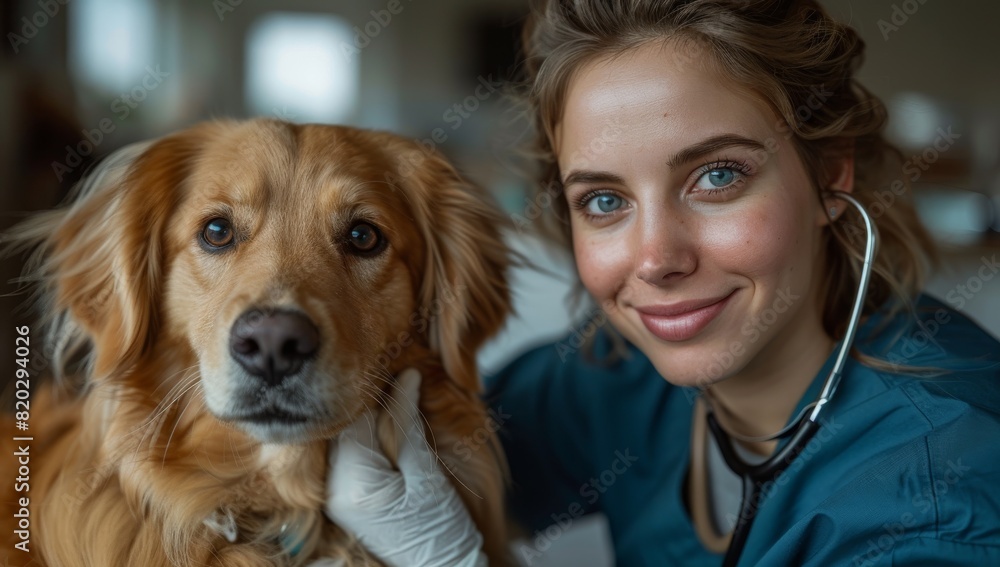 Female doctor in blue scrubs gently holding a golden retriever, both looking at the camera