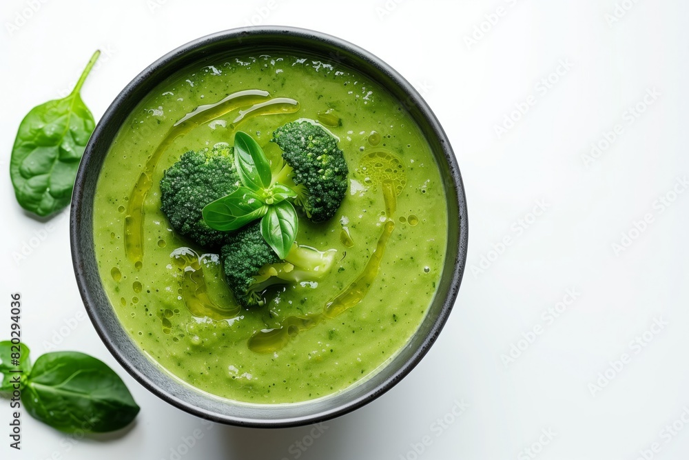 A bowl of green vegetable cream soup, with broccoli and spinach on top, on a white background, A bowl of green vegetable cream soup, with broccoli and spinach on top, on a white background,