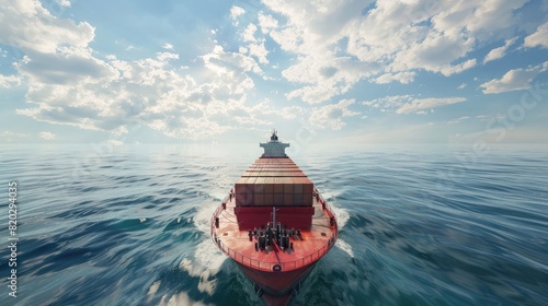 Panoramic front view of a cargo ship carrying containers for import and export, business logistic and transportation in open sea realistic