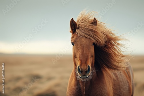 Icelandic horse portrait with mane blowing in the wind, showcasing the breed's natural beauty and spirit. photo