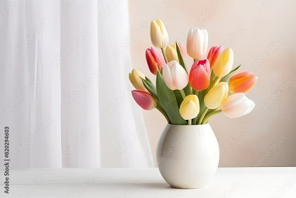 Vibrant arrangement of fresh tulips in varying colors gracefully stands within a chic white vase, set against a softly lit neutral background with flowing sheer curtains Vibrant arrangement of fresh tulips in varying colors gracefully stands within a chic white vase, set against a softly lit neutral background with flowing sheer curtains