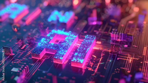 A vibrant digital circuit board with the letters "AI" illuminated in blue and pink, symbolizing advanced technology and artificial intelligence.
