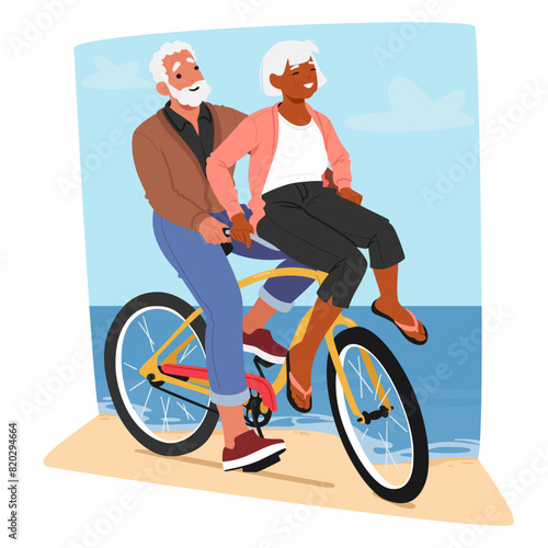 Elderly Couple Shares Laughter While Resting On A Bicycle At The Beach. Old Male and Female Characters Active Lifestyle