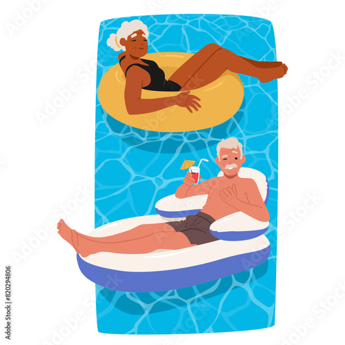 Senior Couple Enjoys A Tranquil Summer Day. Male and Female Characters Lounging On Inflatable Rings In Swimming Pool