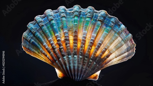 perspective of a scallop shell  capturing iridescent interior  set against a black background realistic