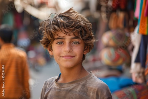 A portrait of a Tamil boy amidst the bustling streets of an Indian or Pakistani city. The Pakistani teenager gazes confidently at the camera. 