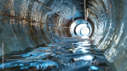 Perspective view inside a large, modern aqueduct pipe, water flowing, metallic interior realistic photo
