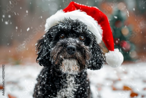 Portuguese Water Dog breed dog wearing festive red Santa hat posing outdoor in snowy park decorated for holidays . Christmas celebration. Bright warm colours.  photo