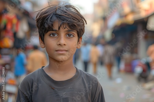 A portrait of a Tamil boy amidst the bustling streets of an Indian or Pakistani city. The Pakistani teenager gazes confidently at the camera.        