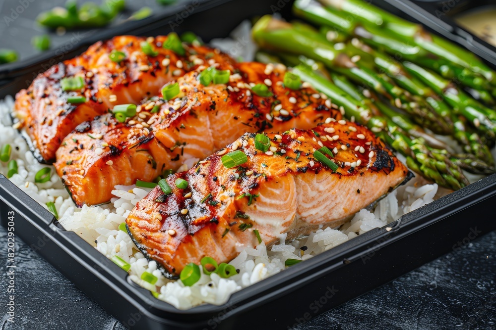 Grilled salmon, asparagus, and rice in a lunch box. Healthy, balanced meal prepared for nutritious dining. Catering service promotes well-being through wholesome eating.
Grilled salmon, asparagus, and rice in a lunch box. Healthy, balanced meal prepared for nutritious dining. Catering service promotes well-being through wholesome eating.