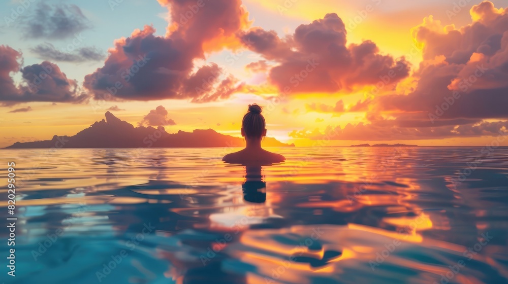 Paradise sunset idyllic vacation woman silhouette swimming in infinity pool looking at sky reflections over ocean dream. Perfect amazing travel destination in Bora Bora, Tahiti, French Polynesia real