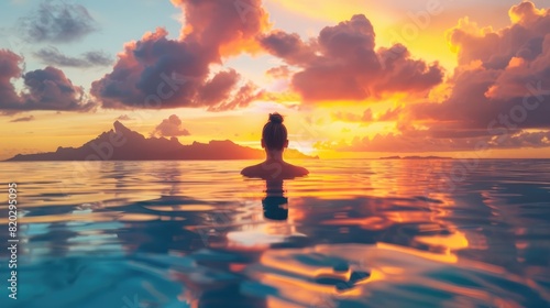 Paradise sunset idyllic vacation woman silhouette swimming in infinity pool looking at sky reflections over ocean dream. Perfect amazing travel destination in Bora Bora  Tahiti  French Polynesia real