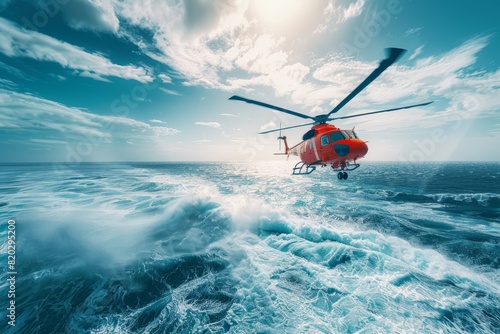 Emergency rescue helicopter conducts search and rescue operation over the sea surface  scouring for victims following a crash.        