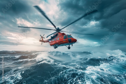 Emergency rescue helicopter conducts search and rescue operation over the sea surface, scouring for victims following a crash.