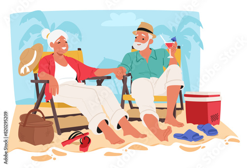 Older Couple Enjoys A Relaxing Day On A Sandy Beach, Sitting In Beach Chairs With Tropical Drinks In Hand