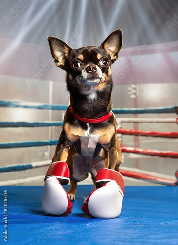 Small chihuahua dog dressed as a boxer with gloves standing in a boxing ring © juanorihuela