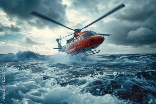 Emergency rescue helicopter conducts search and rescue operation over the sea surface, scouring for victims following a crash.