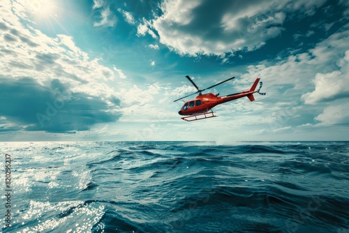 Emergency rescue helicopter conducts search and rescue operation over the sea surface, scouring for victims following a crash.







 photo