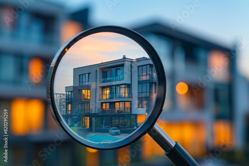 Searching for a new house to buy. Real estate and housing market concept. Magnifying glass focuses on a residential building, highlighting property details.