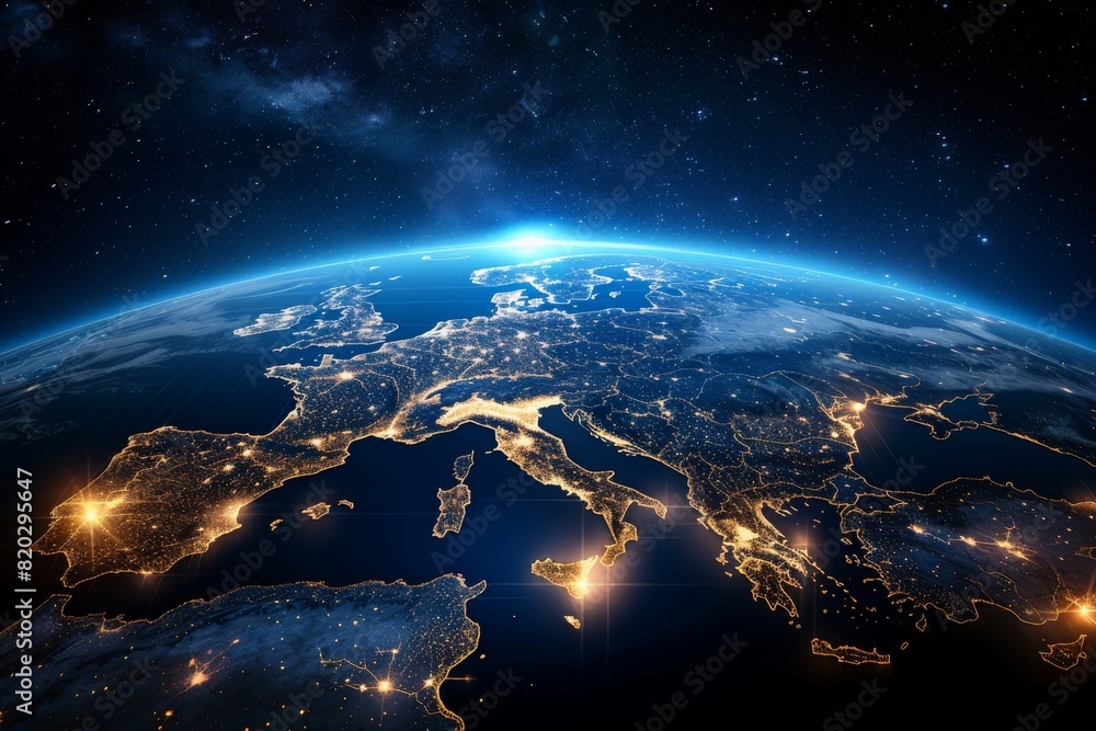 View of Europe from space, illuminated by city lights at night. Symbolizes global networking and the advancement of futuristic technology.







