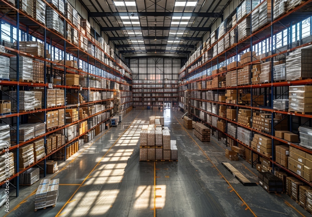 Spacious Industrial Warehouse with High Shelves Stocked with Boxes