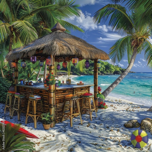 Tropical Beach Bar with Bamboo Hut  Palm Trees  and Colorful Lanterns Overlooking Pristine Ocean Shoreline and Clear Blue Sky