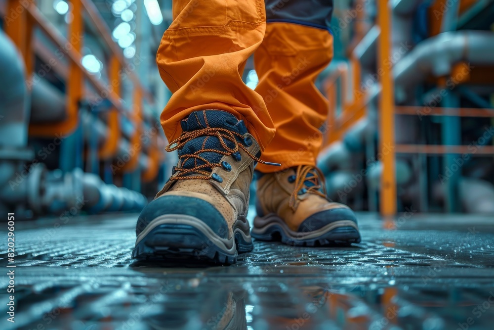 Construction worker dons protective shoes at a site, ensuring safety against accidents. Essential footwear for factory work.