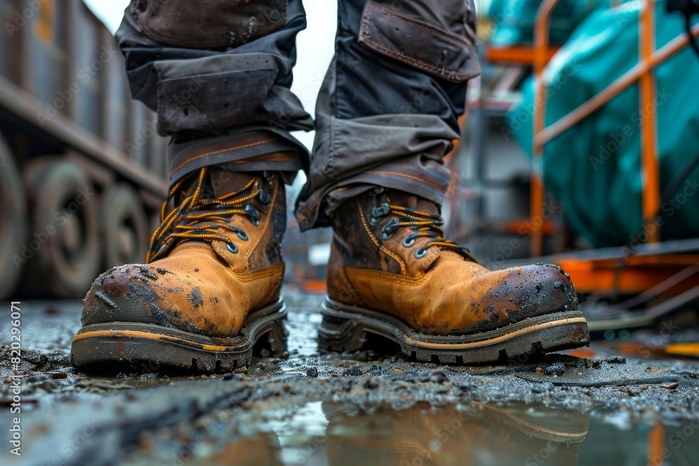 Construction worker dons protective shoes at a site, ensuring safety against accidents. Essential footwear for factory work.
Construction worker dons protective shoes at a site, ensuring safety against accidents. Essential footwear for factory work.