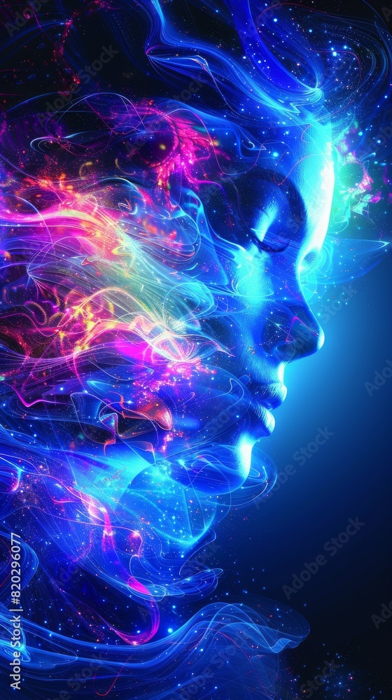 Neon Dreamscape: Mesmerizing Digital Artwork of a Serene Face with Vivid, Flowing Rainbow Light Effects in a Deep Blue Background Neon Dreamscape: Mesmerizing Digital Artwork of a Serene Face with Vivid, Flowing Rainbow Light Effects in a Deep Blue Background