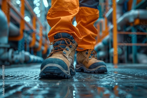 Obraz na płótnie Construction worker dons protective shoes at a site, ensuring safety against accidents. Essential footwear for factory work.
w salonie