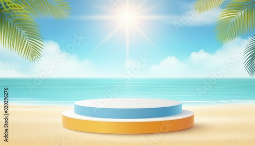 Beach podium summer background sand product 3D sea display platform. Beach podium summer banner stand scene sale sky holiday vacation stage water island sun travel pedestal promotion presentation ad. 