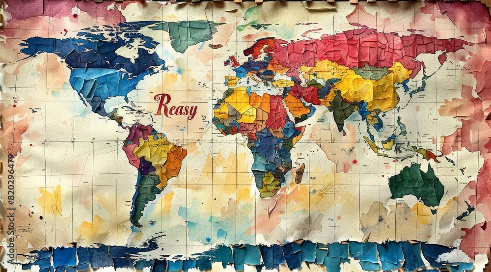 Fototapeta premium Colorful watercolor world map on paper showing a vibrant representation of continents and countries