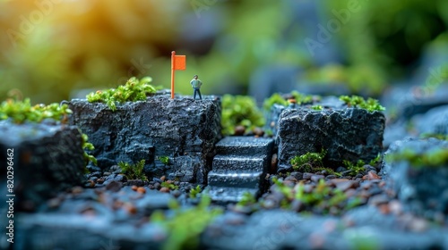 A miniature figure is smiling and standing on a second step with a winner's flag on the top for achieving business targets and goals. photo