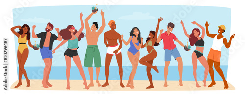 Beach Party Scene Featuring Group Of Friends Characters Dancing And Laughing Together in Energetic, Joyful Atmosphere