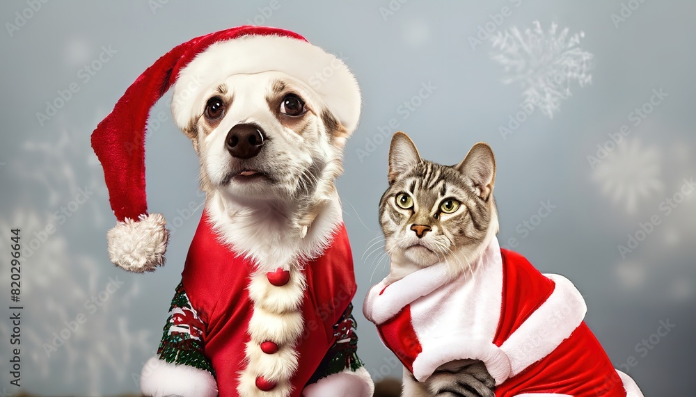 A dog and a cat dressed in Santa Claus costumes. A dog and a cat dressed in Santa Claus costumes.