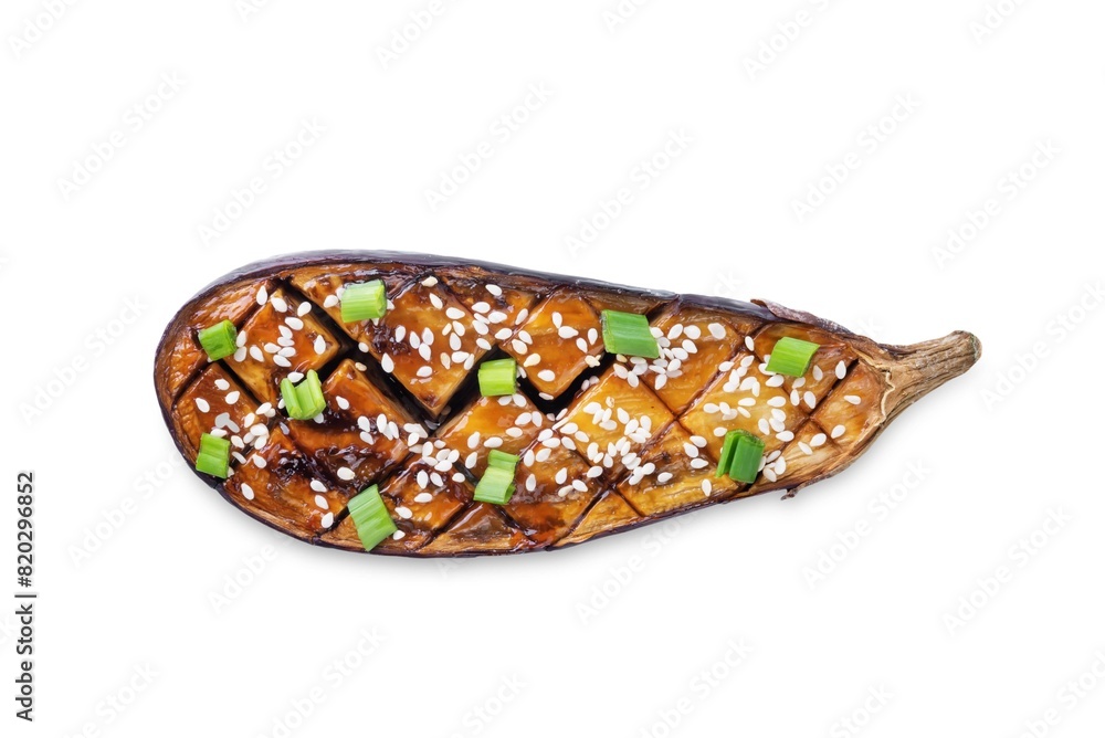 Teriyaki sesame seed baked eggplant on a white isolated background Teriyaki sesame seed baked eggplant on a white isolated background