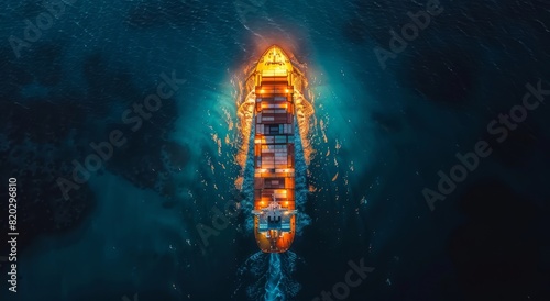 Aerial view of a brightly lit cargo ship at sea during twilight