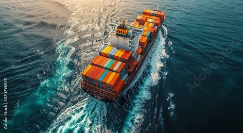 Aerial view of a colorful cargo ship sailing across the ocean, transporting goods internationally photo