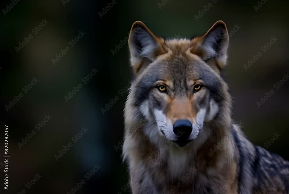 Captivating portrait of a wild wolf with a focused stare, set against a soft, dark background, highlighting its sharp features and the untamed essence of nature Captivating portrait of a wild wolf with a focused stare, set against a soft, dark background, highlighting its sharp features and the untamed essence of nature