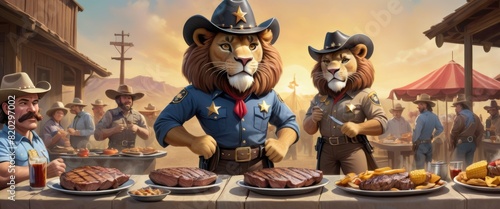 A dramatic portrayal of two lion sheriffs in a Western town, grilling meats at a BBQ event, with townsfolk in the background.