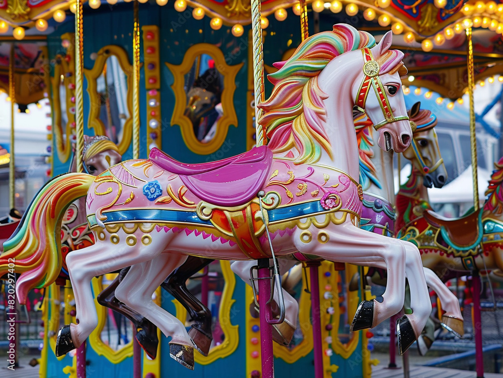 Vibrant carousel with painted horses spinning joyfully, captivating riders as music fills the air.