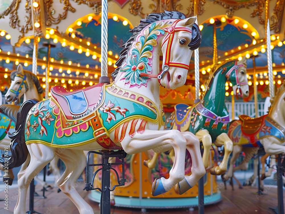 Vibrant carousel with painted horses spinning joyously under a bright blue sky on a sunny day.