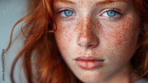 portrait of a freckled young redhead, looking straight into the camera, blue eyes, soft focus, diffused window light realistic